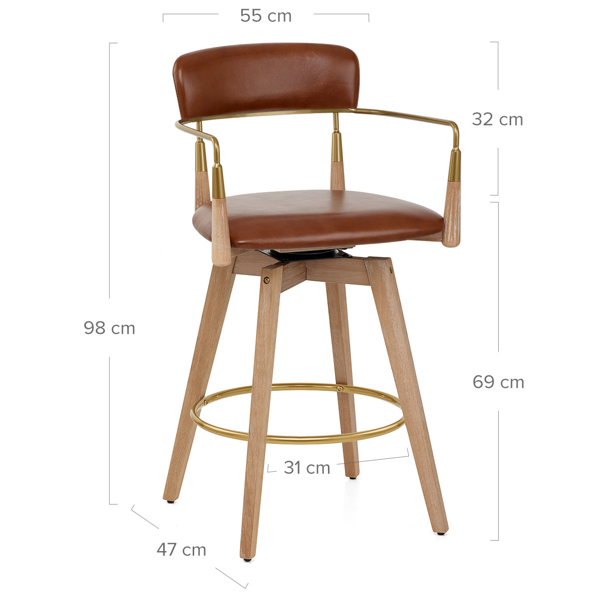 Tabouret de Bar Bois Cuir Véritable - Reed Marron
