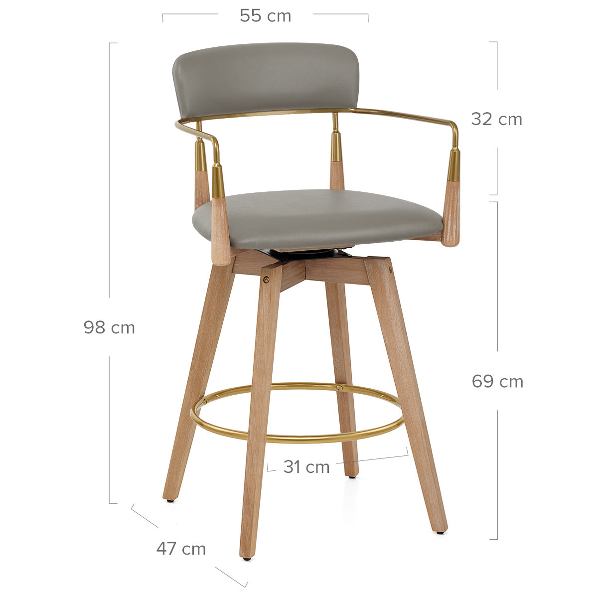Tabouret de Bar Bois Cuir Véritable - Reed Gris