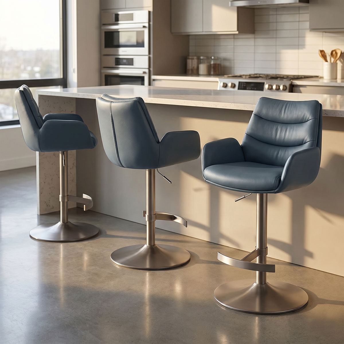 Chaise de Bar Cuir Veritable Graphite Brosse - Seville Bleu