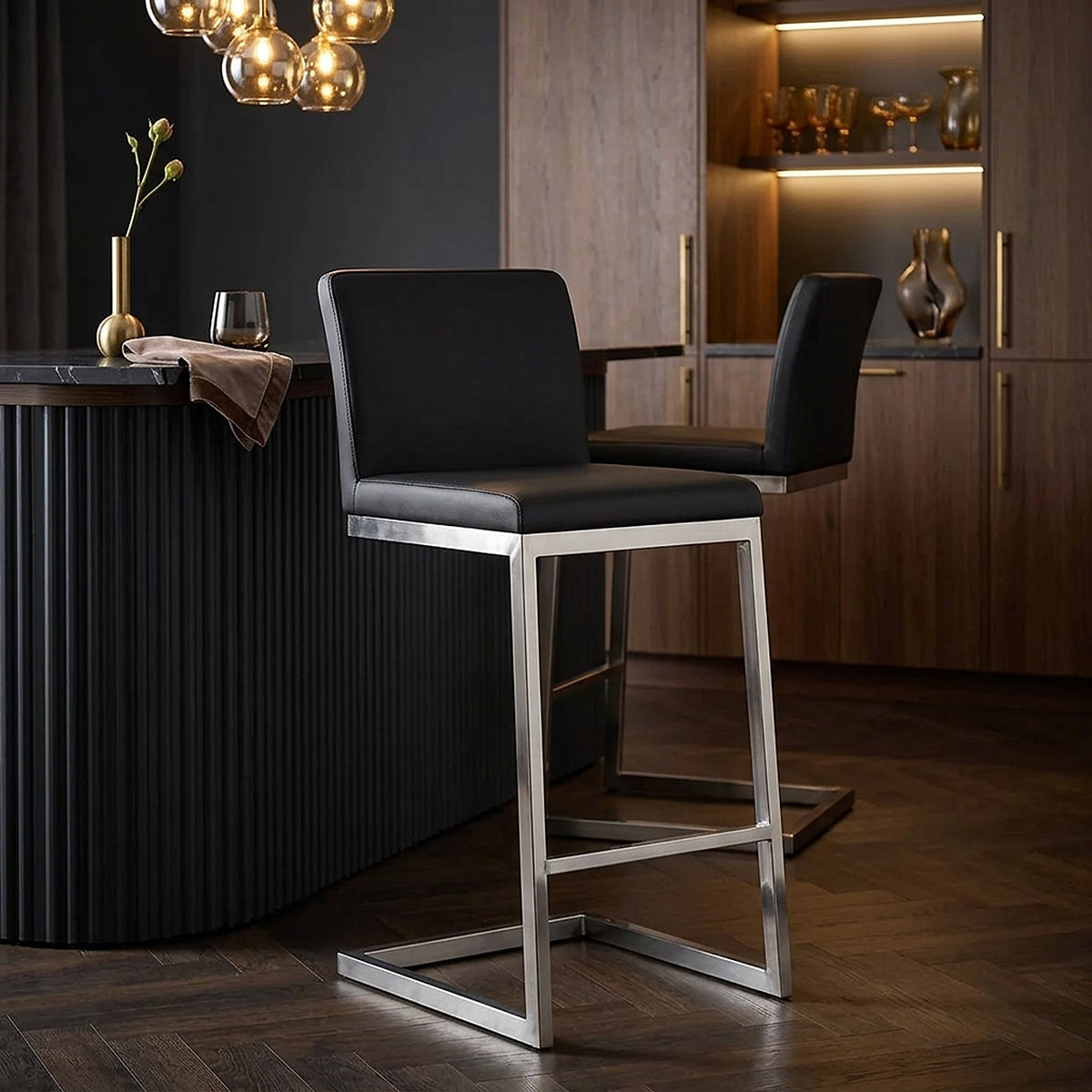 Tabouret Faux Cuir Chrome Brossé - Ace Noir 
