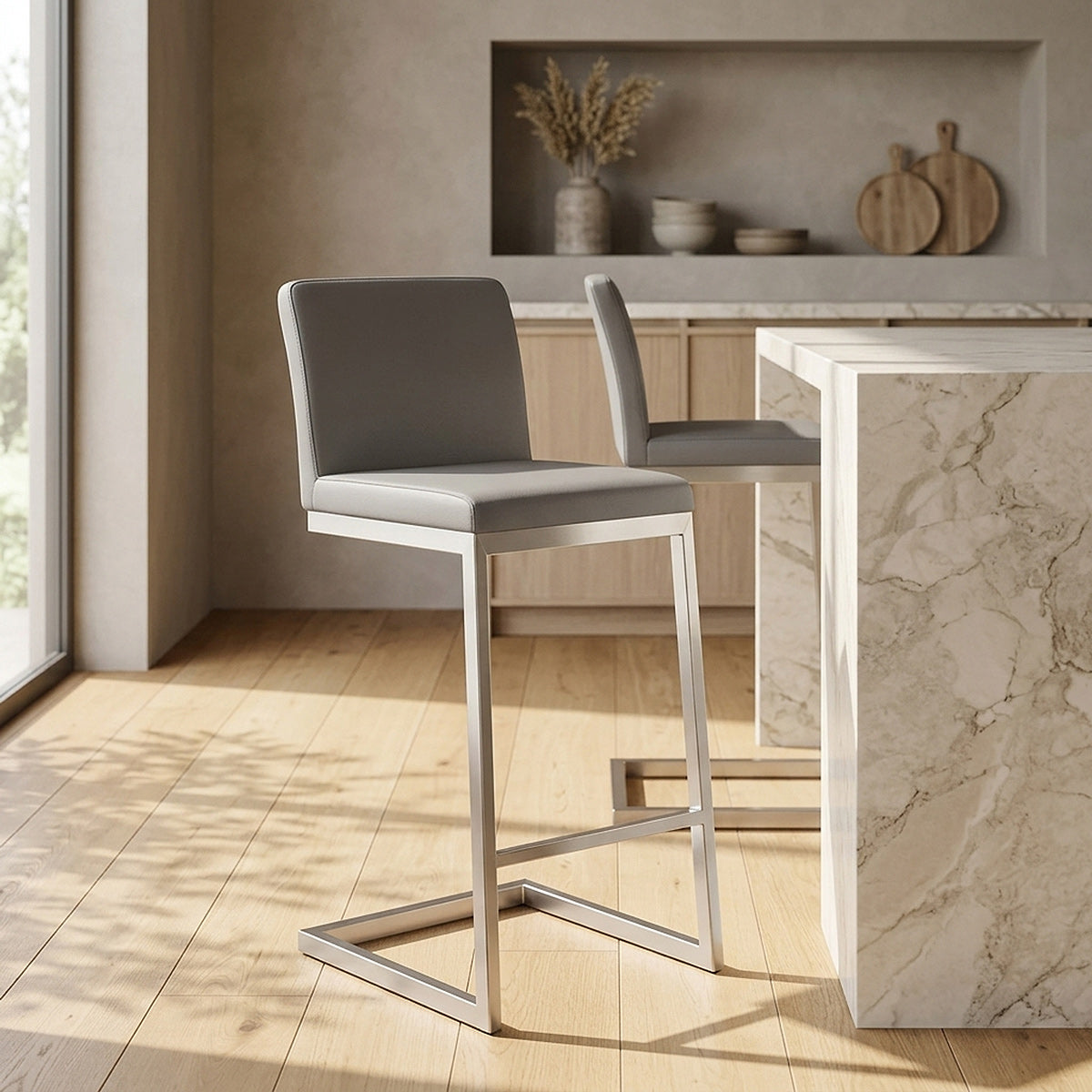 Tabouret Faux Cuir Chrome Brossé - Ace Gris 