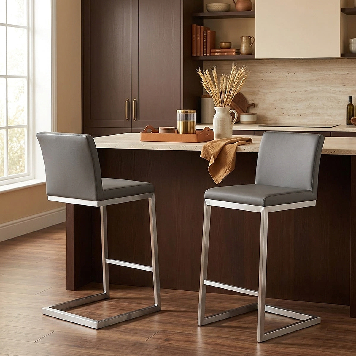 Tabouret Faux Cuir Chrome Brossé - Ace Gris 