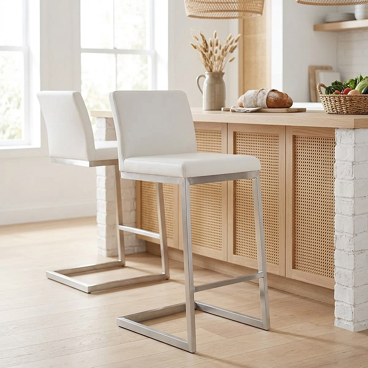 Tabouret Faux Cuir Chrome Brossé - Ace Blanc 