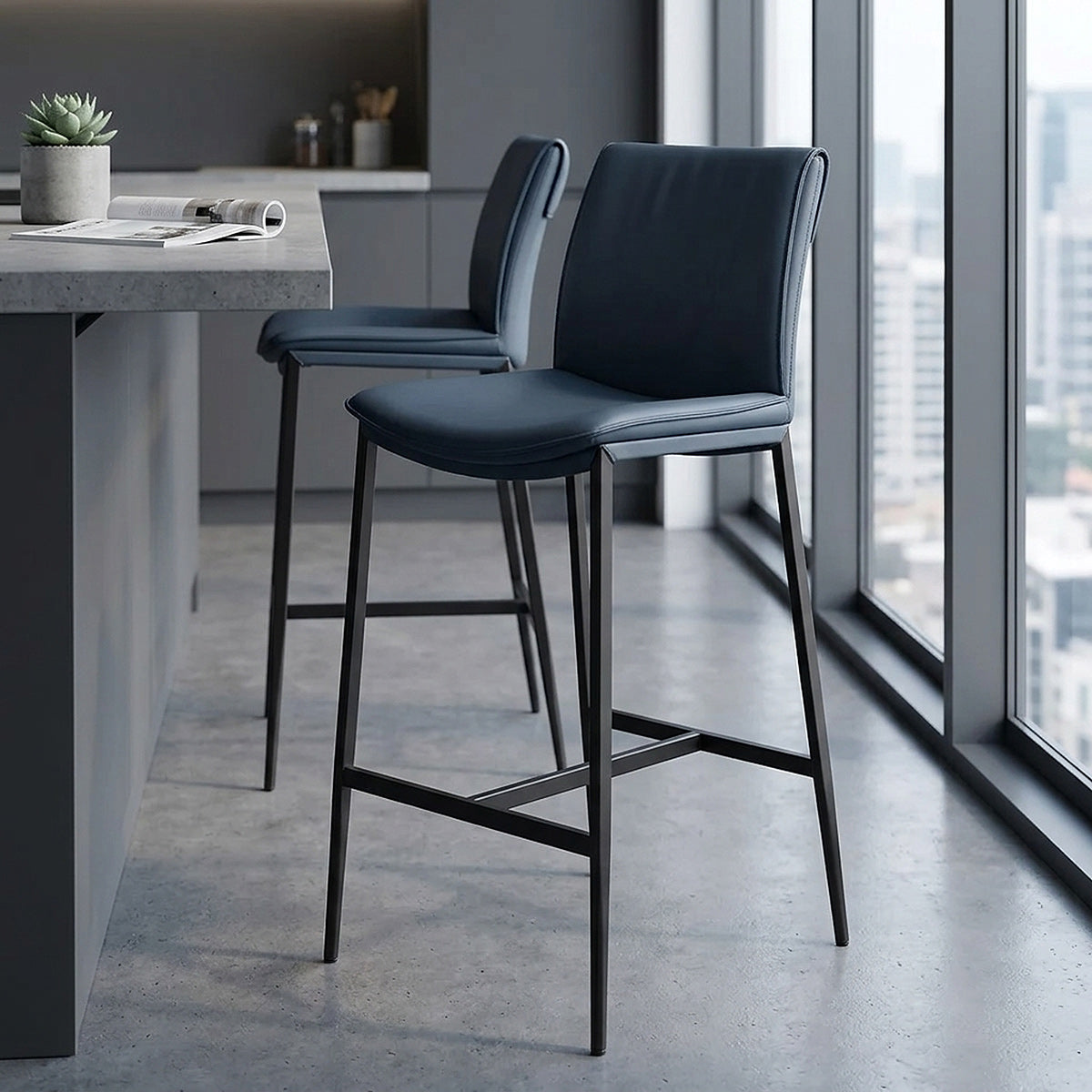 Tabouret Cuir Veritable - Addison Bleu 
