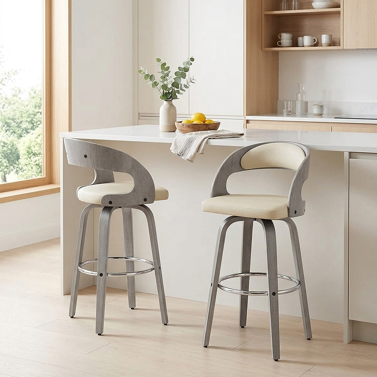 Chaise de bar Bois Gris Faux Cuir - Alicia Crème 