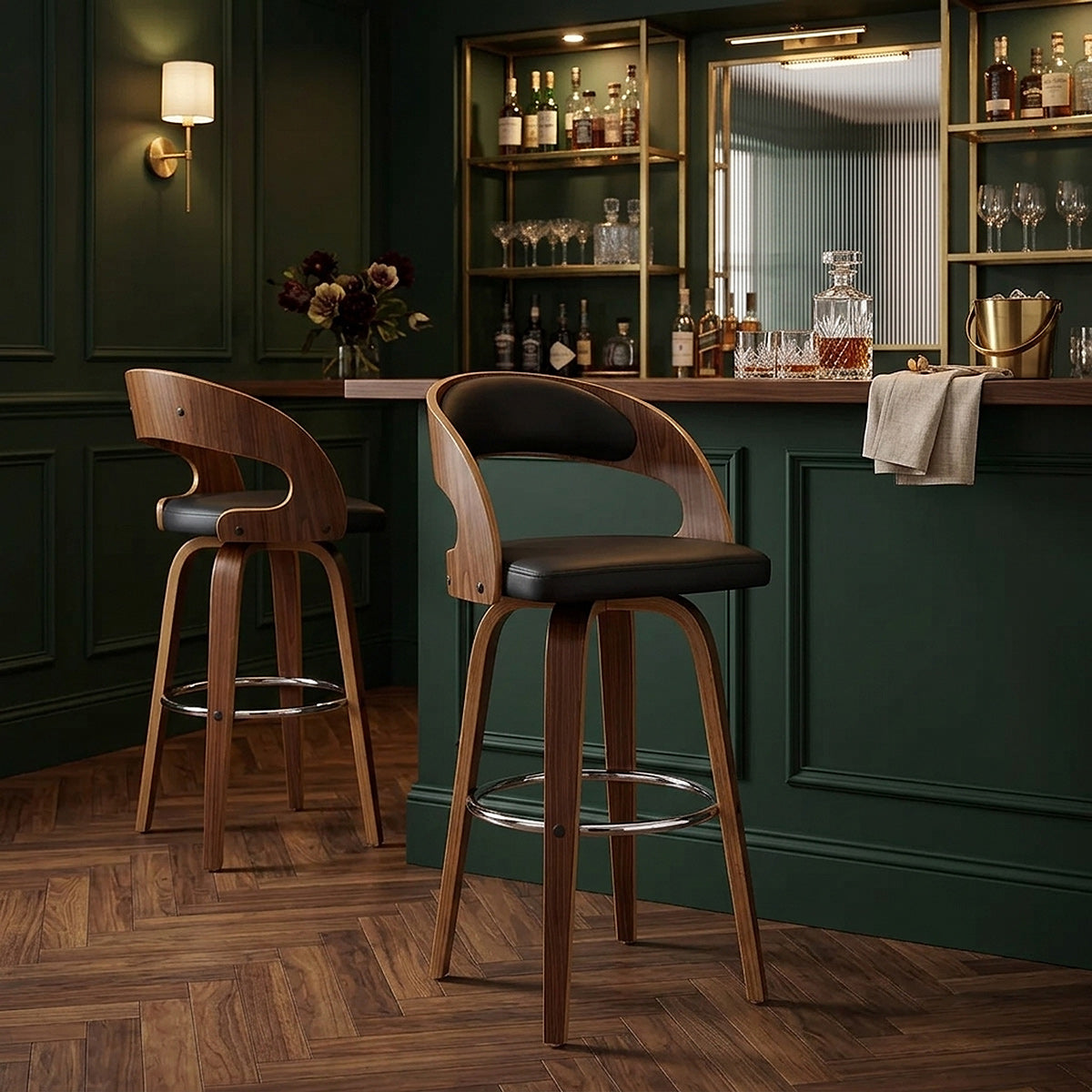 Tabouret Faux Cuir Bois - Alicia Noir 