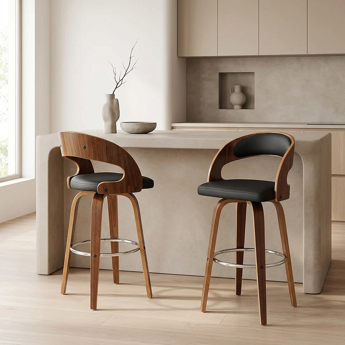 Tabouret Faux Cuir Bois - Alicia Noir 