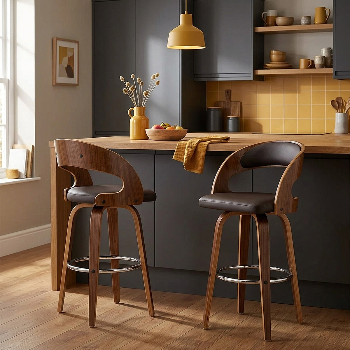 Tabouret Faux Cuir Bois - Alicia Marron 