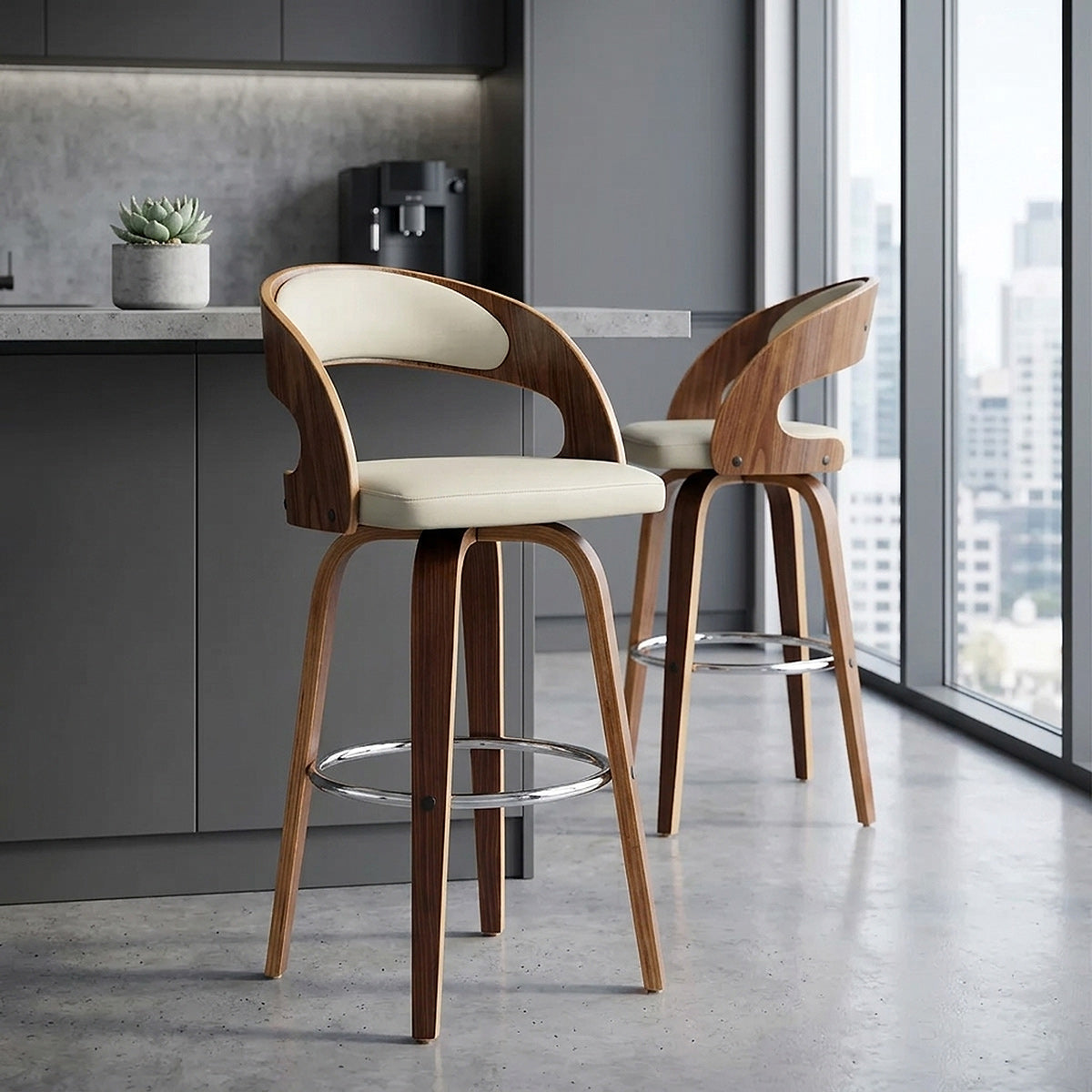 Tabouret Faux Cuir Bois - Alicia Crème 