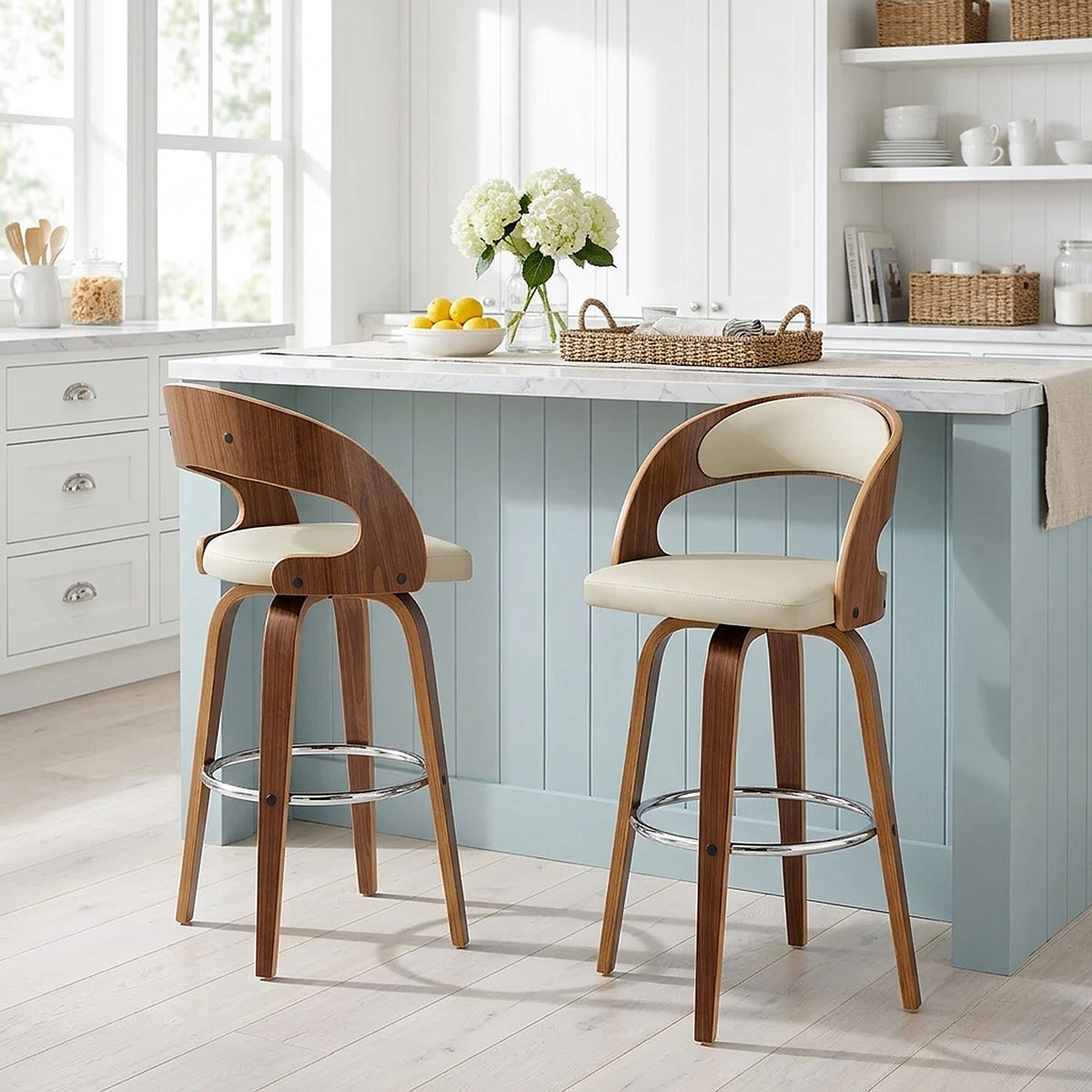 Tabouret Faux Cuir Bois - Alicia Crème 
