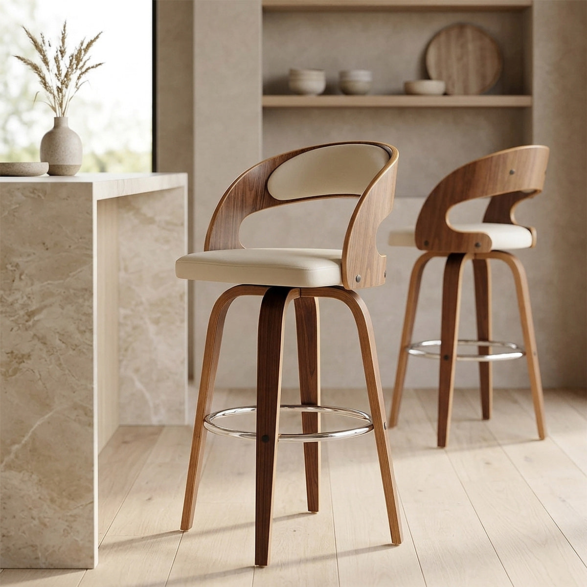 Tabouret Faux Cuir Bois - Alicia Blanc 