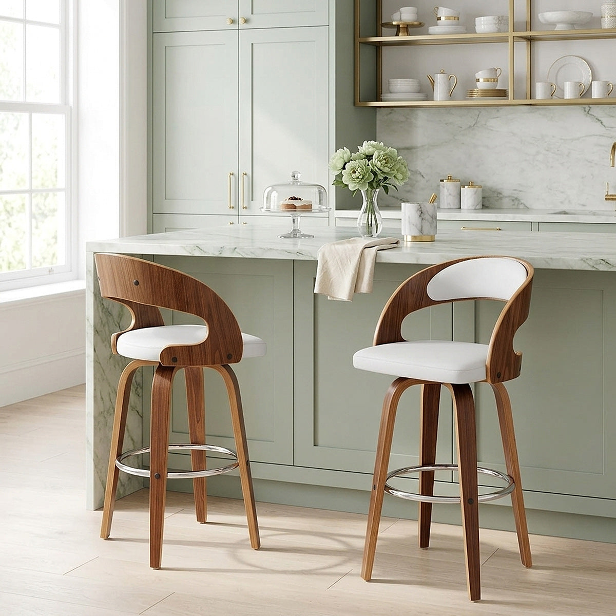 Tabouret Faux Cuir Bois - Alicia Blanc 