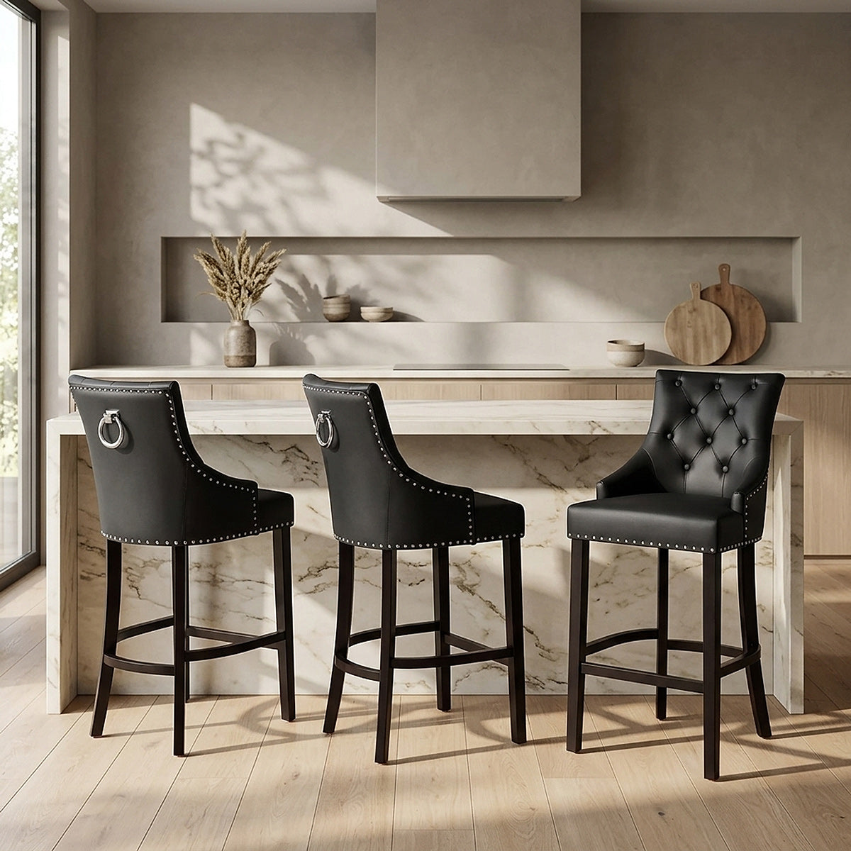 Chaise de Bar Bois Cuir Croûté - Ascot Noir 