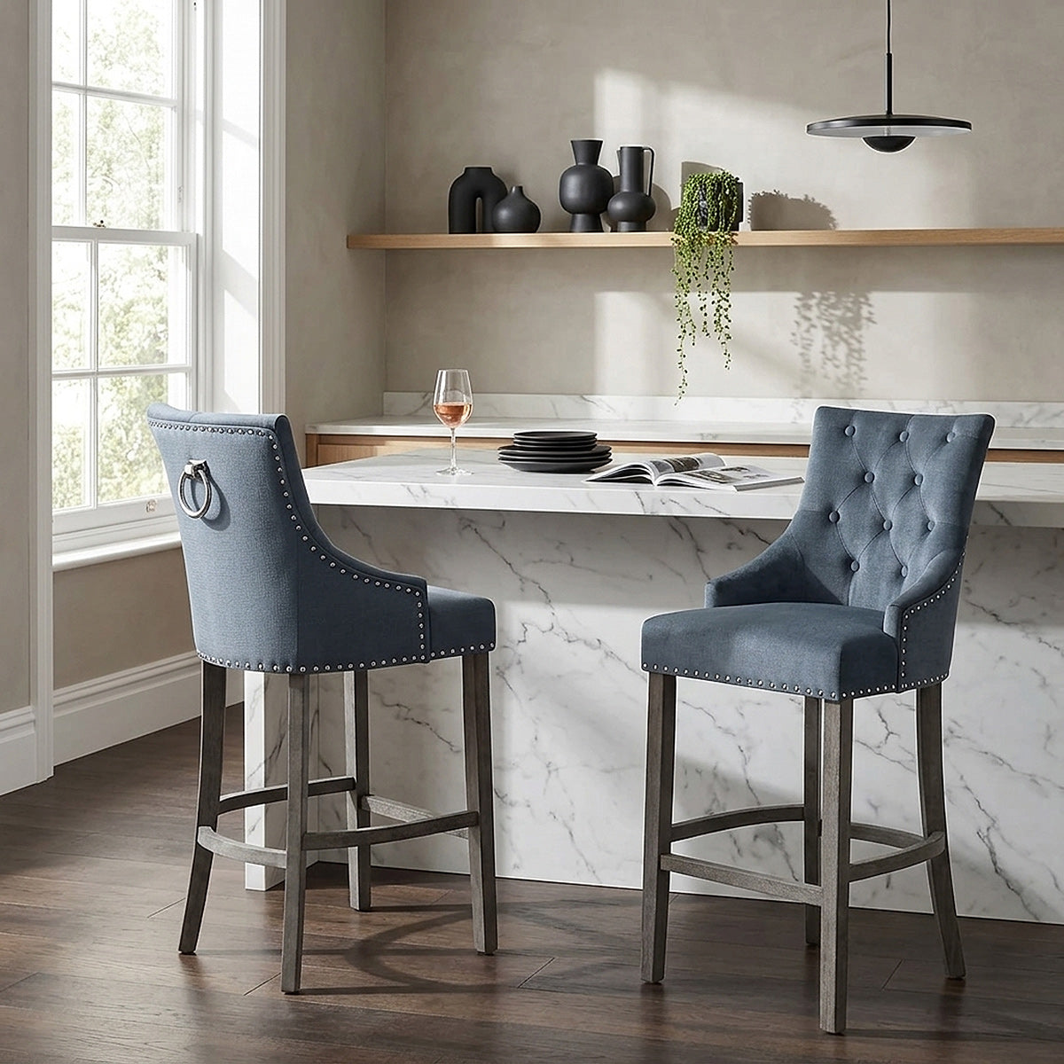 Chaise de Bar Bois Gris Tissu - Ascot Bleu 