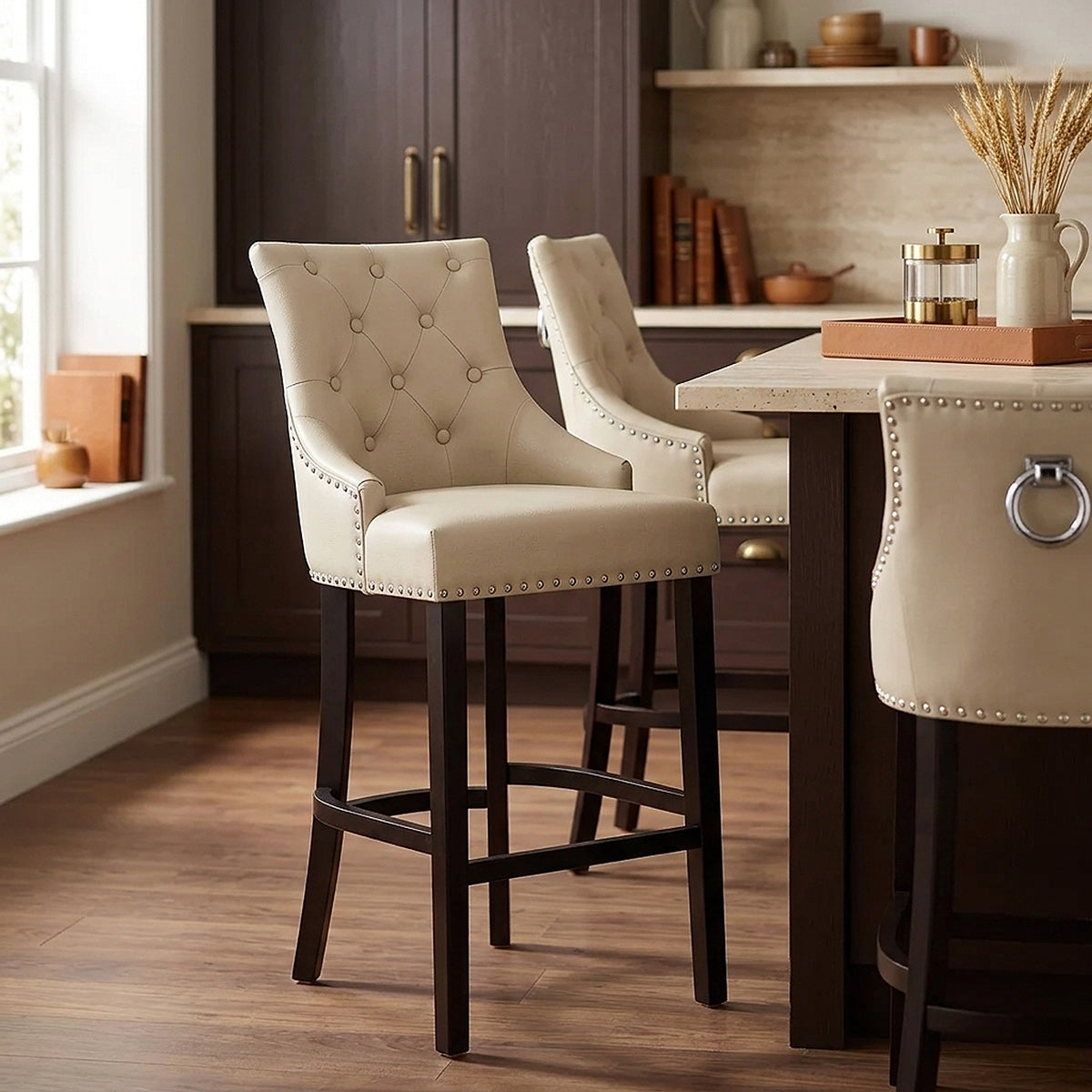 Chaise de Bar Bois Cuir Croûté - Ascot Crème 