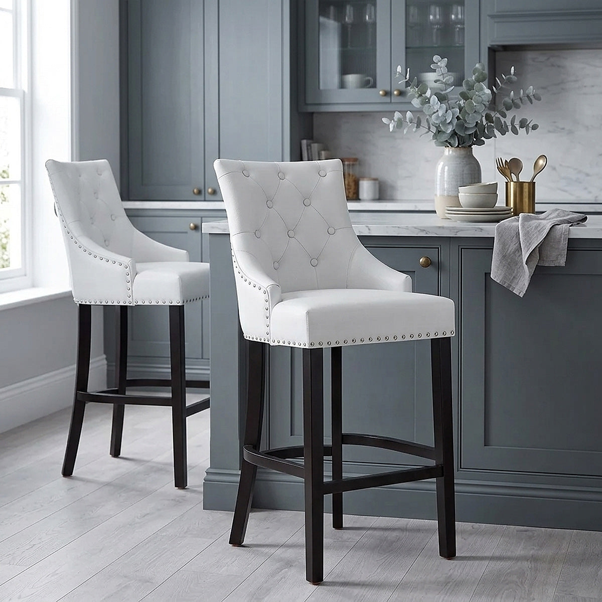Chaise de Bar Bois Cuir Croûté - Ascot Blanc 