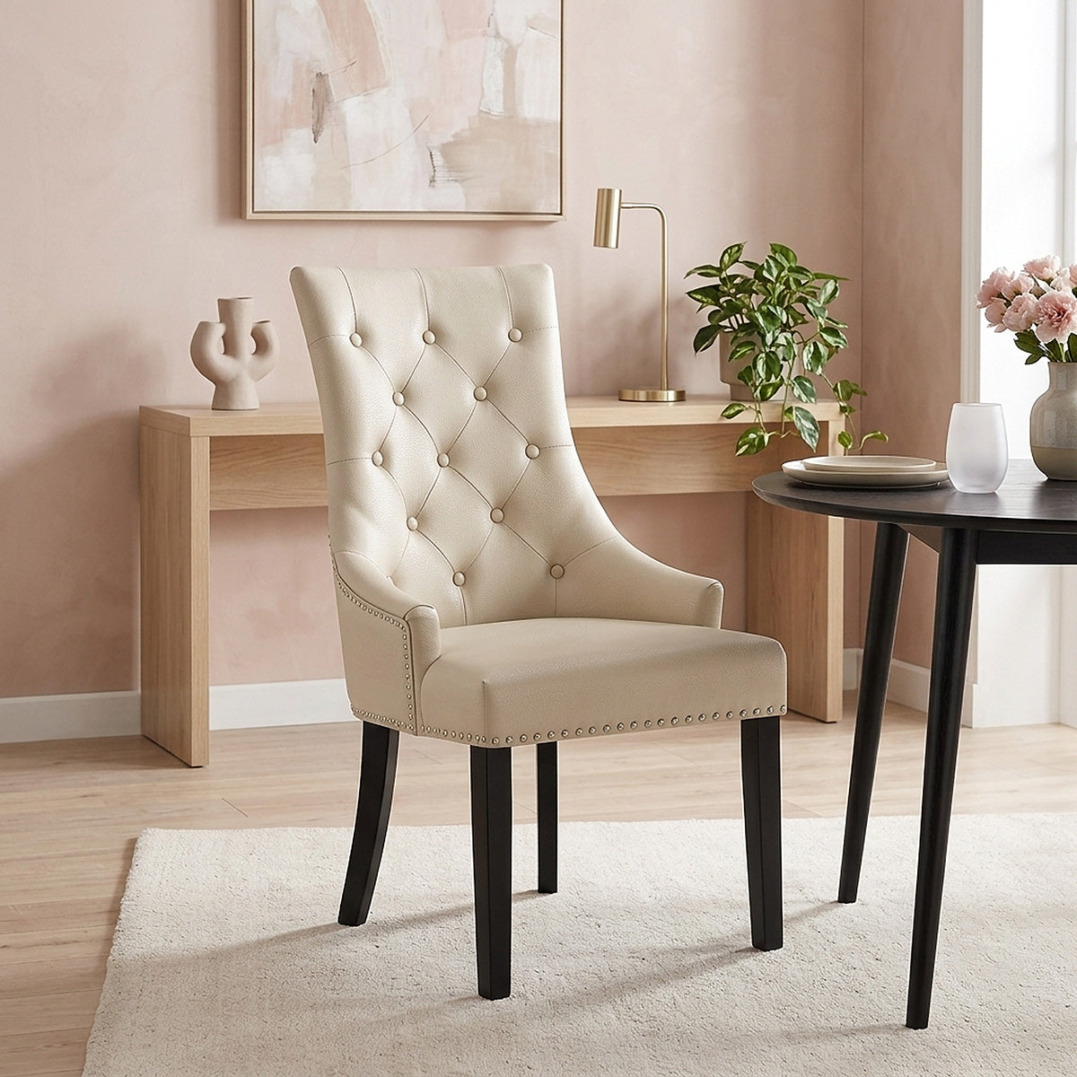 Chaise bois cuir crouté - Ascot Crème 