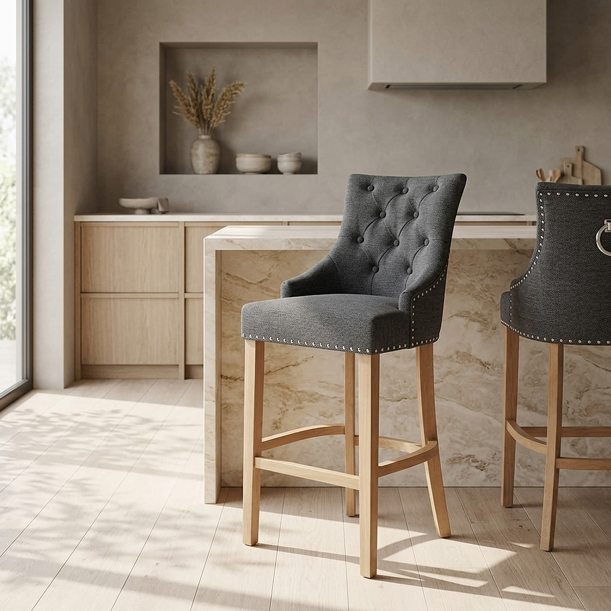 Chaise de Bar Chêne Tissu - Ascot Gris Foncé 