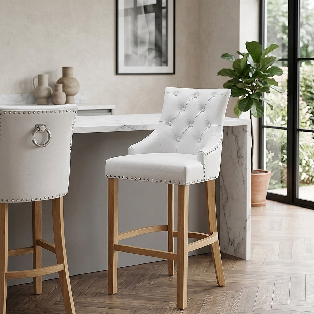 Chaise de bar Cuir Crouté Chêne - Ascot Blanc 