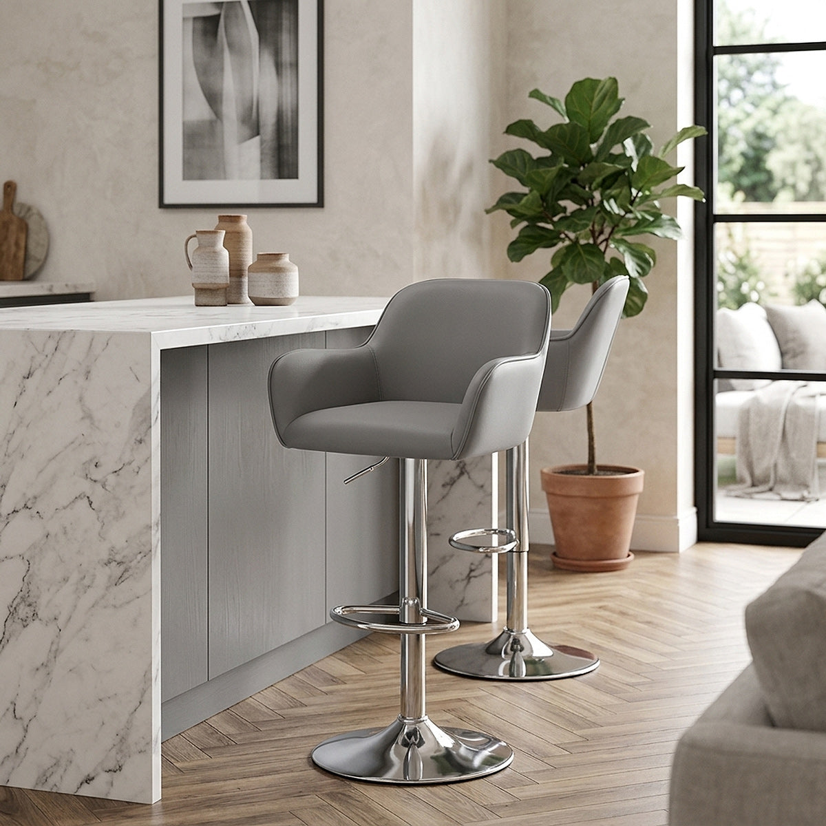 Chaise de Bar Chrome Brossé Faux Cuir - Berlin Gris 