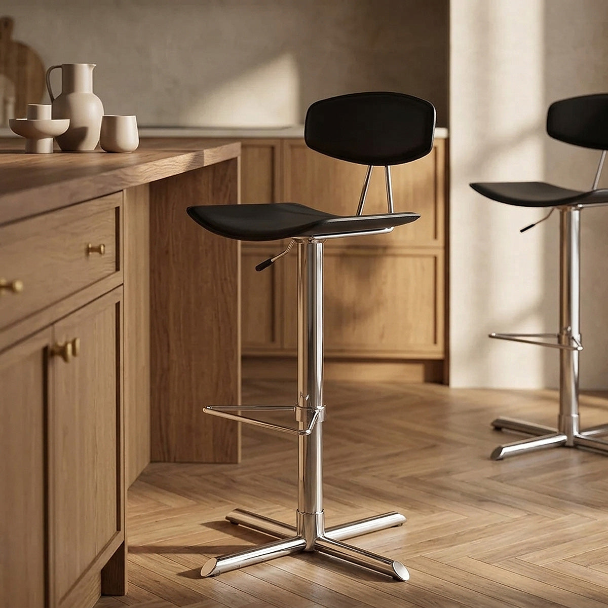 Chaise de Bar Cuir Crouté Chrome - Blade - Noir Noir 