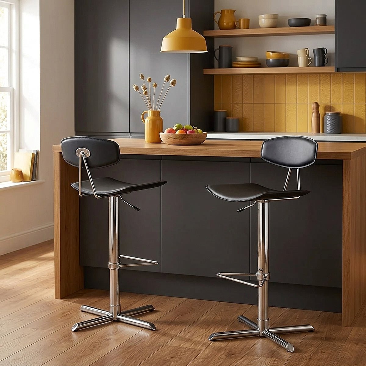 Chaise de Bar Cuir Crouté Chrome - Blade - Noir Noir 