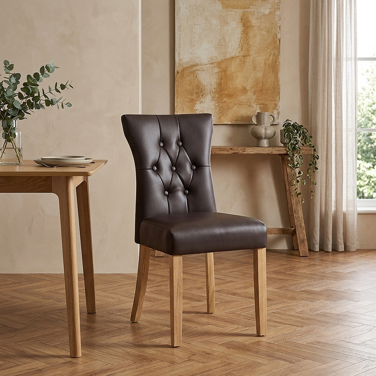 Chaise Bois Faux Cuir - Bradbury Marron 