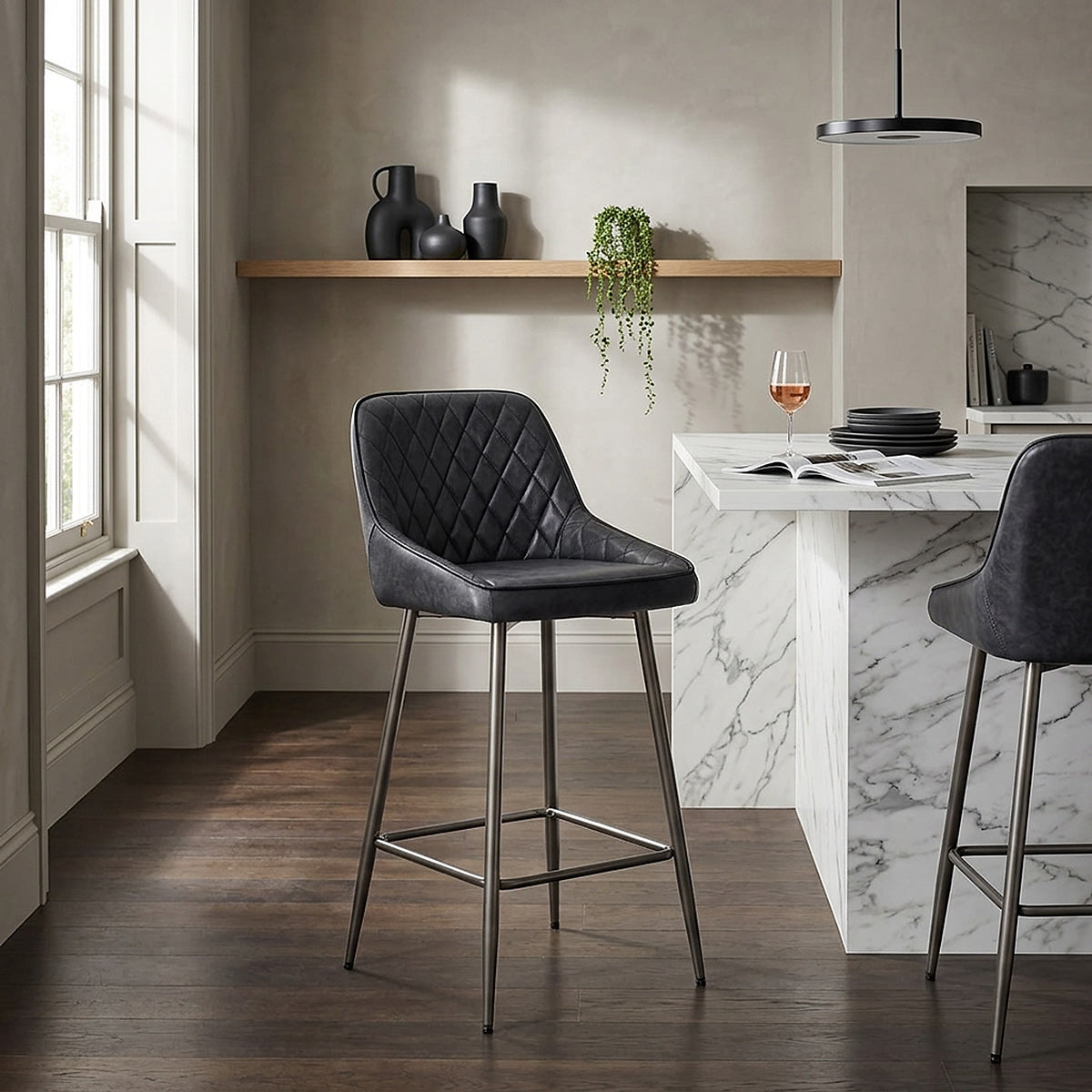 Tabouret de Bar Cuir Véritable - Brisbane Gris Foncé 