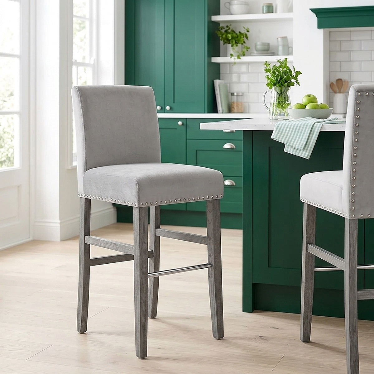 Chaise de Bar Bois Velours - Brunswick Gris 