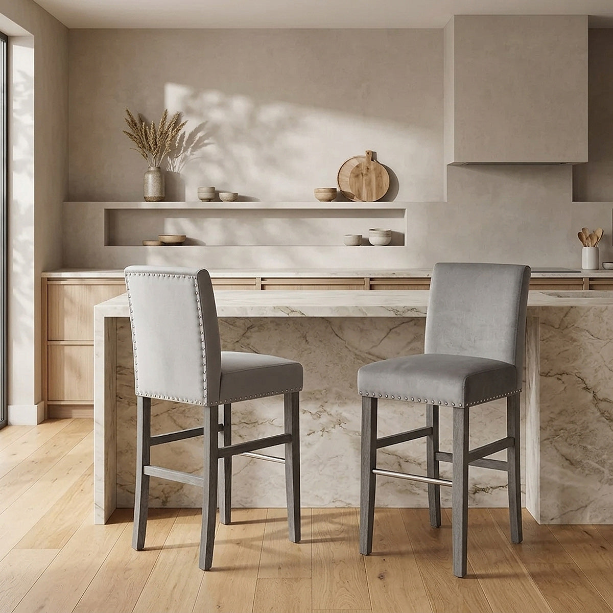 Chaise de Bar Bois Velours - Brunswick Gris 
