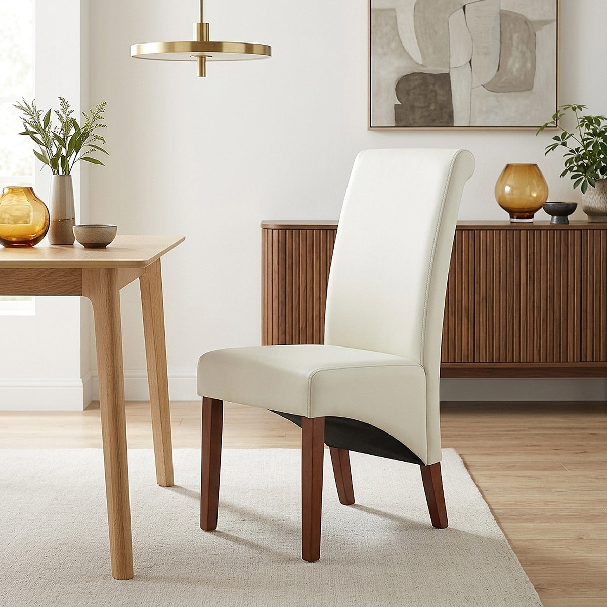 Chaise Bois Cuir Croûté - Carlo Noyer Crème 