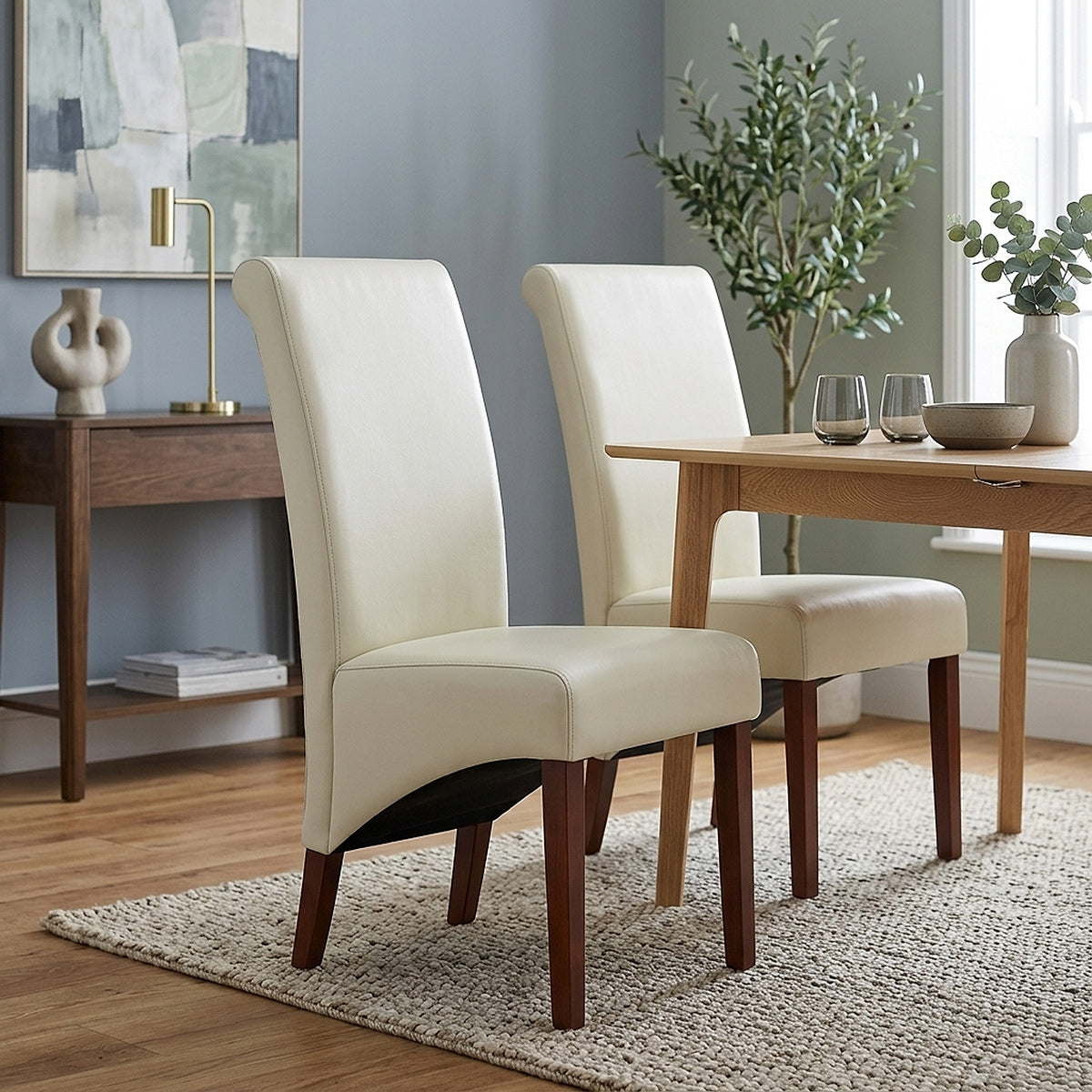 Chaise Bois Cuir Croûté - Carlo Noyer Crème 