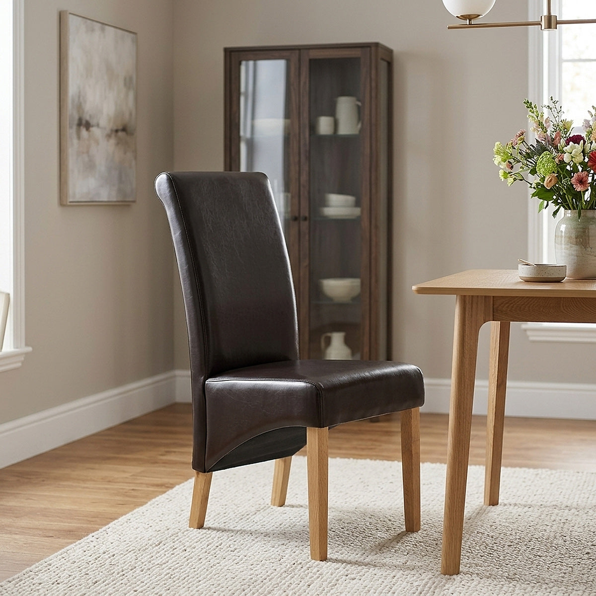 Chaise Bois Cuir Croûté - Carlo Chêne Marron 