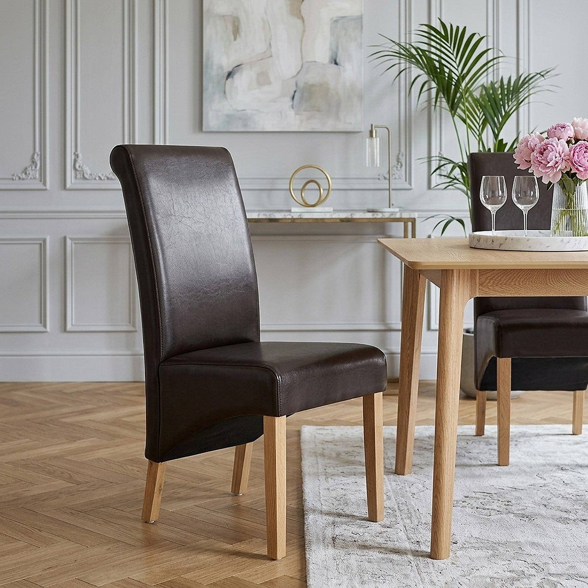 Chaise Bois Cuir Croûté - Carlo Chêne Marron 