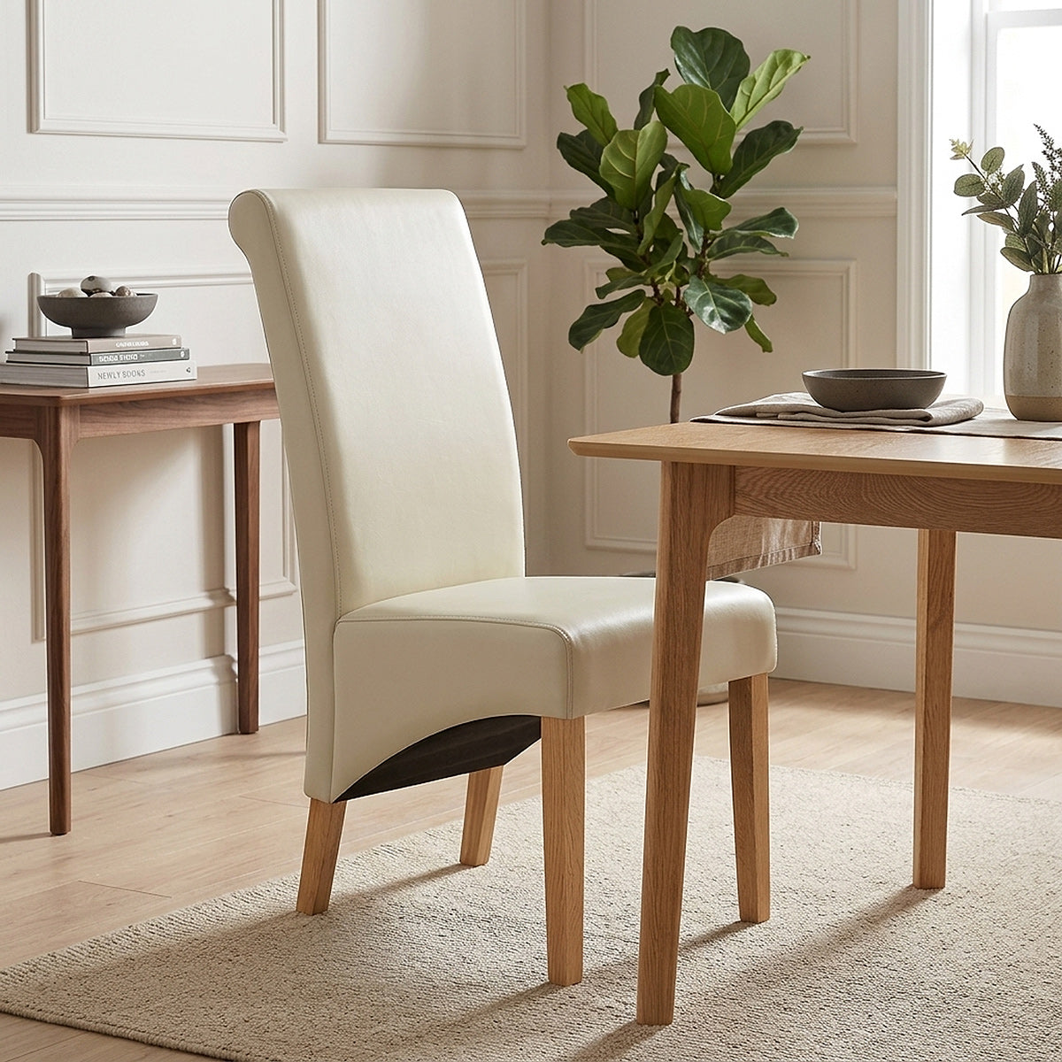 Chaise Bois Cuir Croûté - Carlo Chêne Crème 