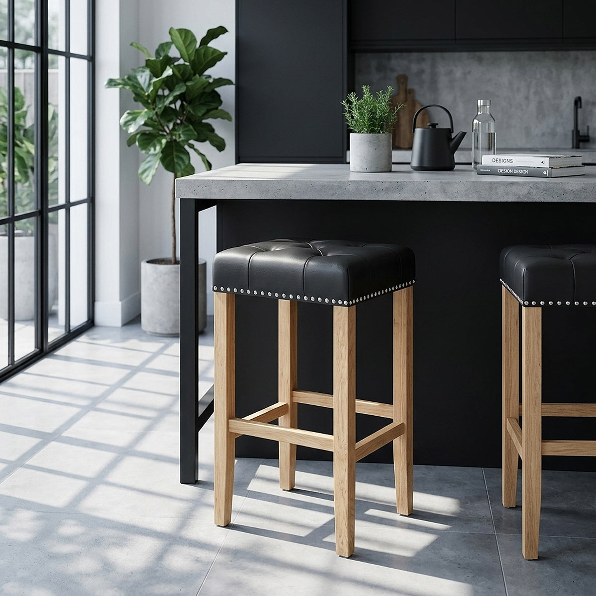 Chaise de Bar Cuir Crouté Bois - Chelsea Noir 