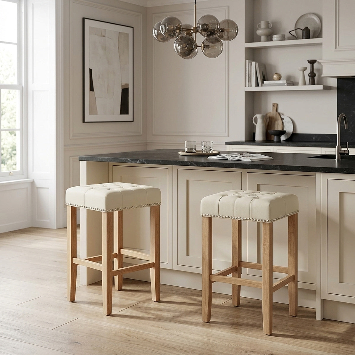 Chaise de Bar Cuir Crouté Bois - Chelsea Crème 