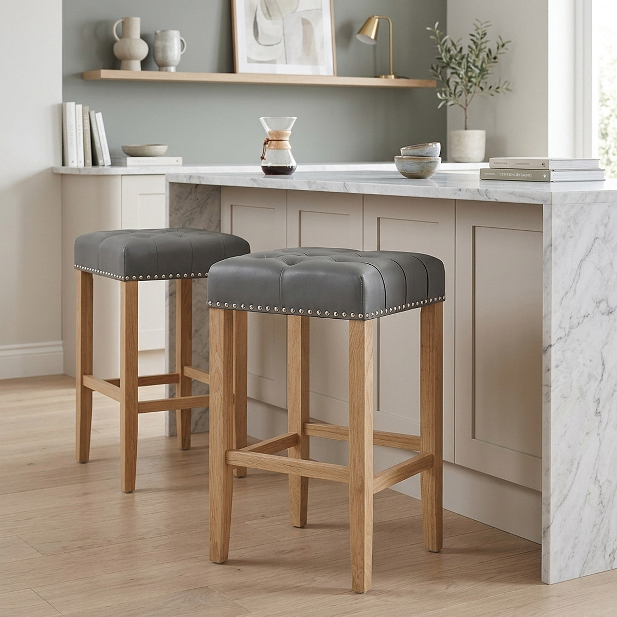 Chaise de Bar Cuir Crouté Bois - Chelsea Gris 