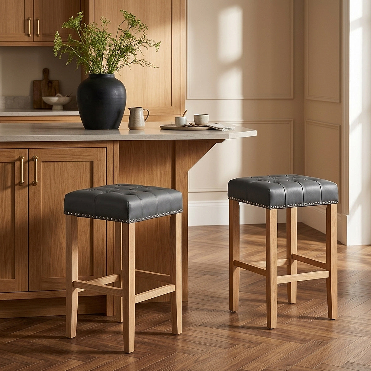 Chaise de Bar Cuir Crouté Bois - Chelsea Gris 