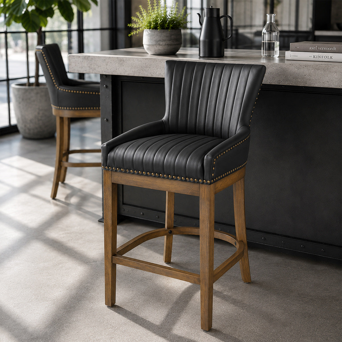 Tabouret de Bar Bois Cuir Véritable - Chiltern Noir
