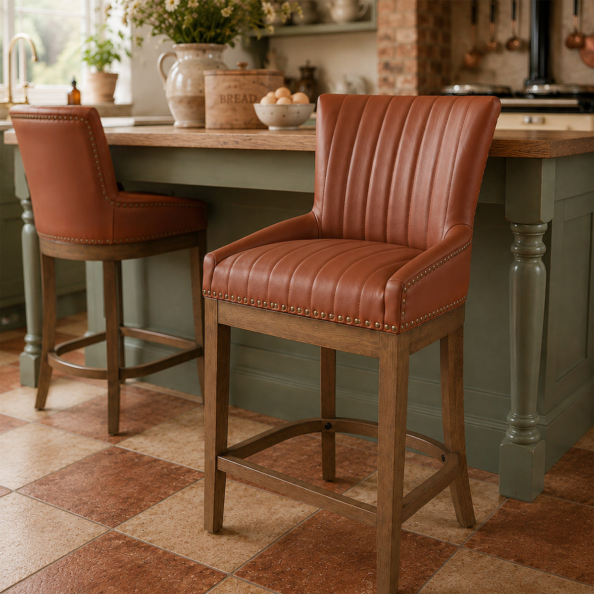 Tabouret de Bar Bois Cuir Véritable - Chiltern Marron