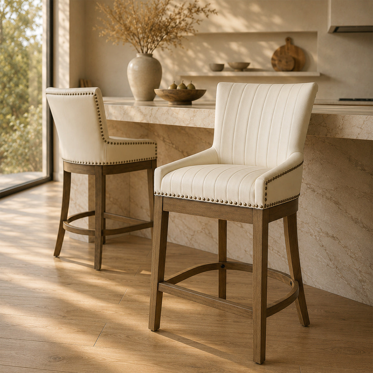 Tabouret de Bar Bois Cuir Véritable - Chiltern Crème