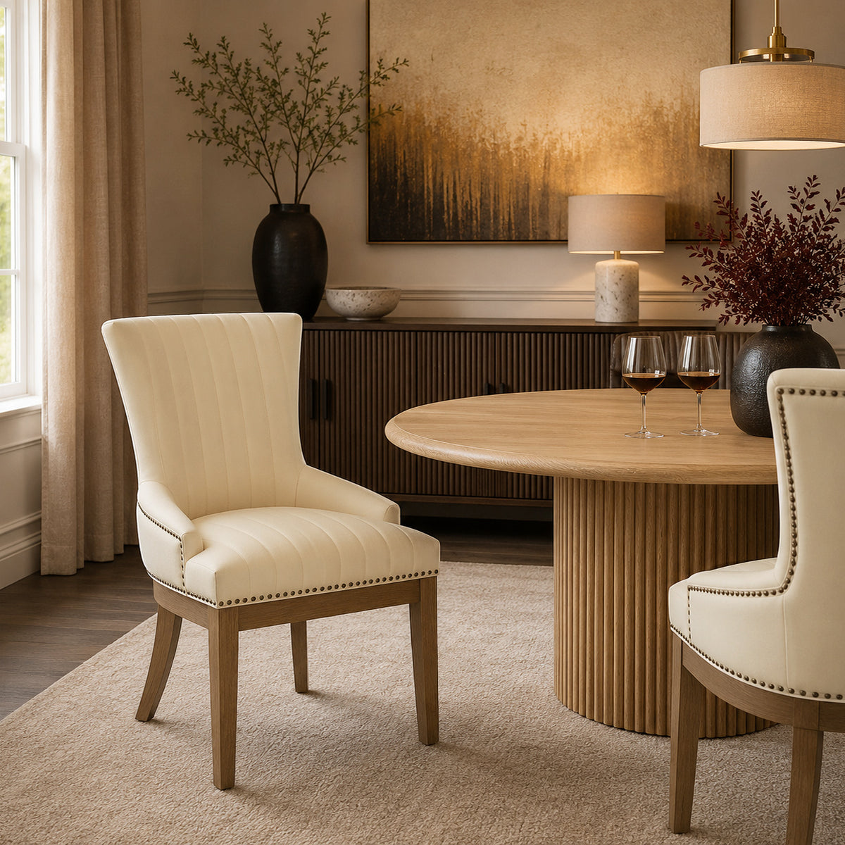 Chaise Bois Cuir Véritable - Chiltern Crème