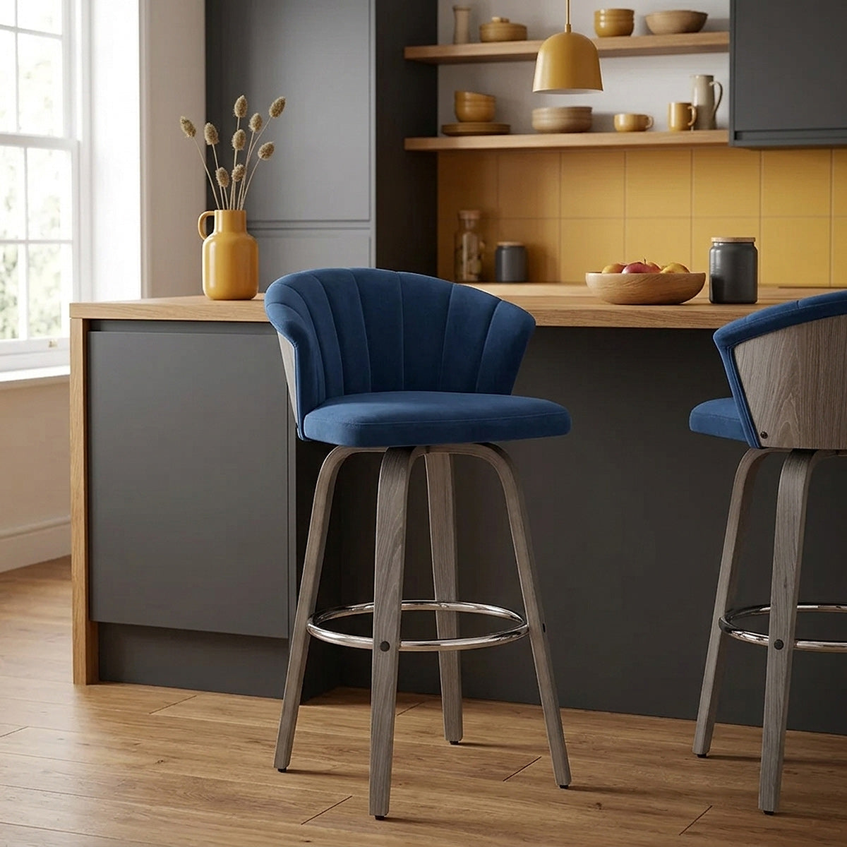Chaise de Bar Bois Velours - Concerto Bleu 