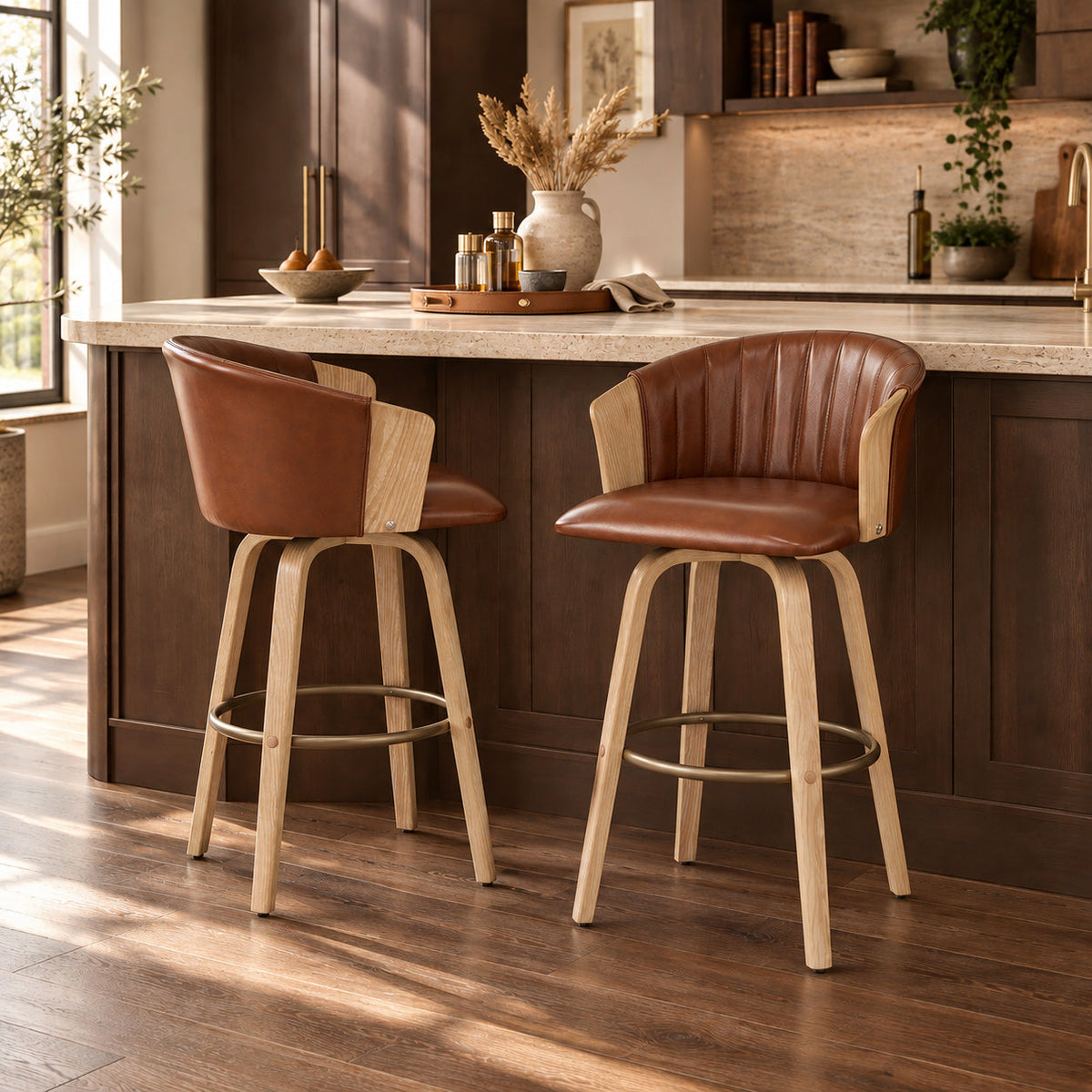 Tabouret de Bar Cuir Véritable Bois - Coral Marron