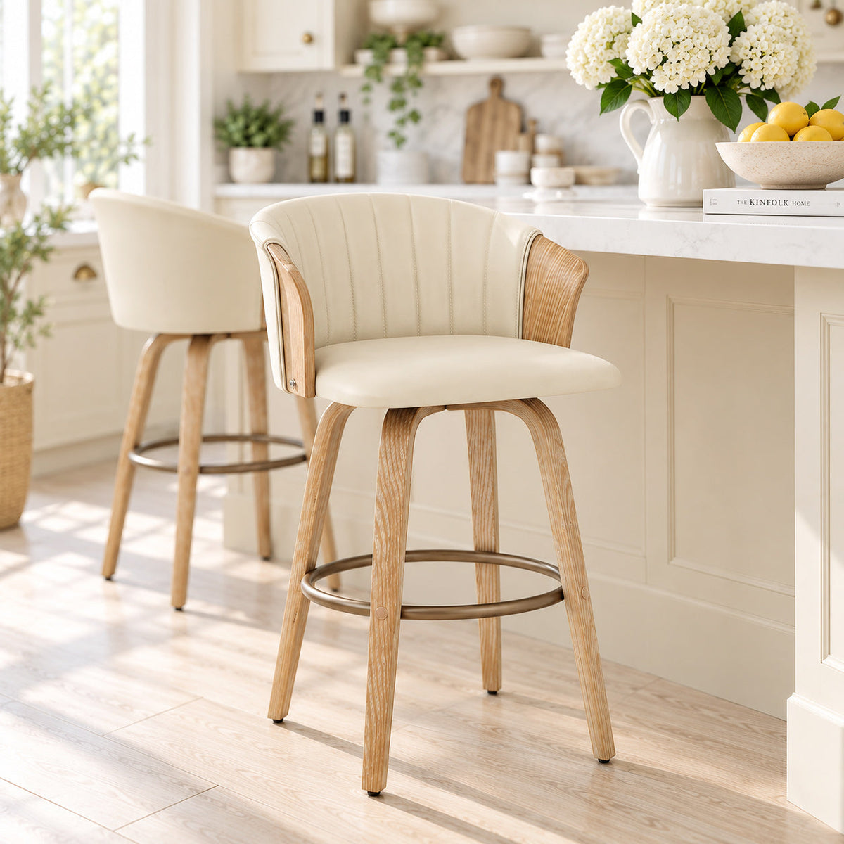 Tabouret de Bar Cuir Véritable Bois - Coral Crème
