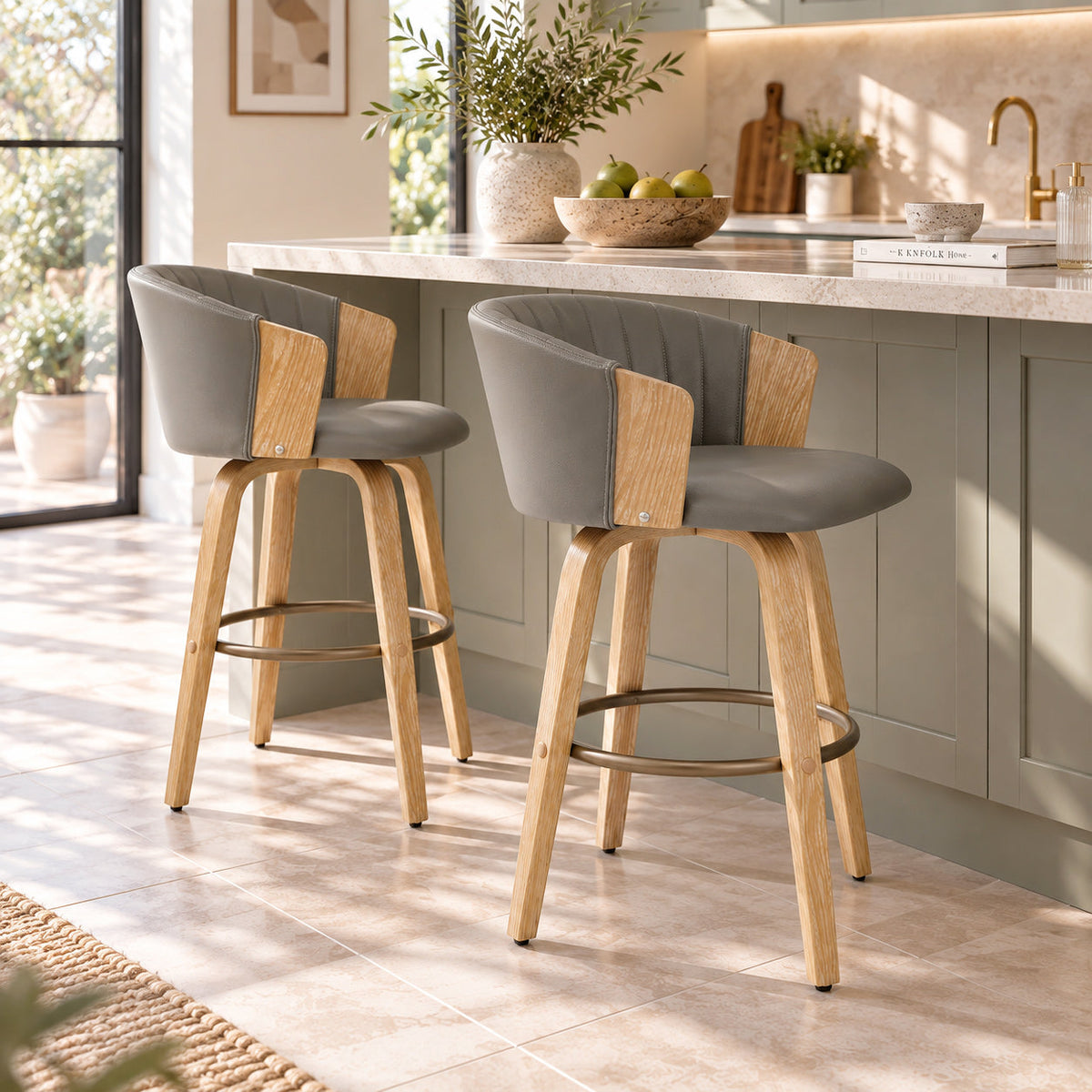 Tabouret de Bar Cuir Véritable Bois - Coral Gris