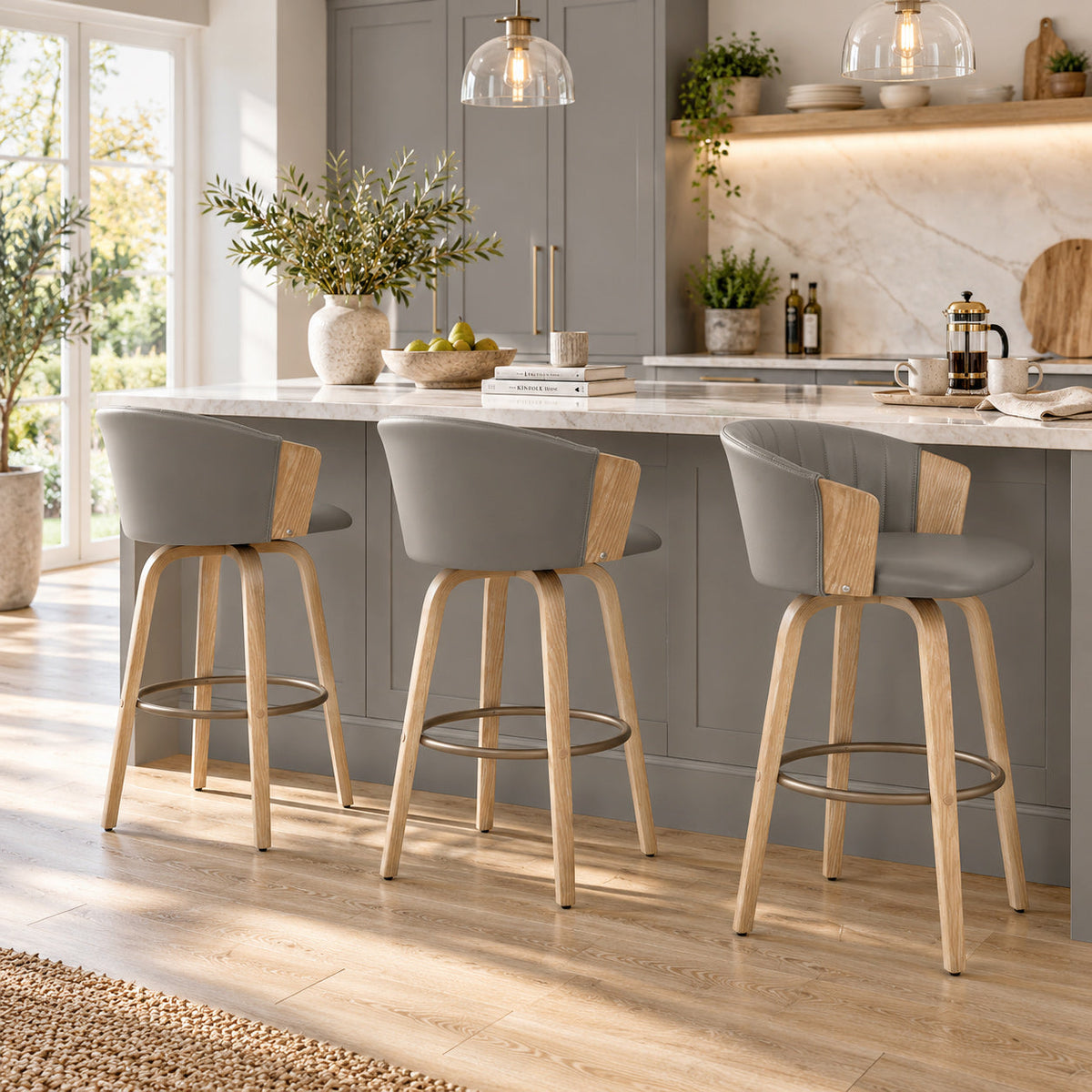 Coral Bar Stool Oak & Grey Real Leather