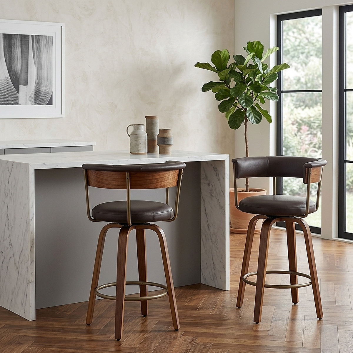 Tabouret de Bar Faux Cuir Bois - Costa Marron
