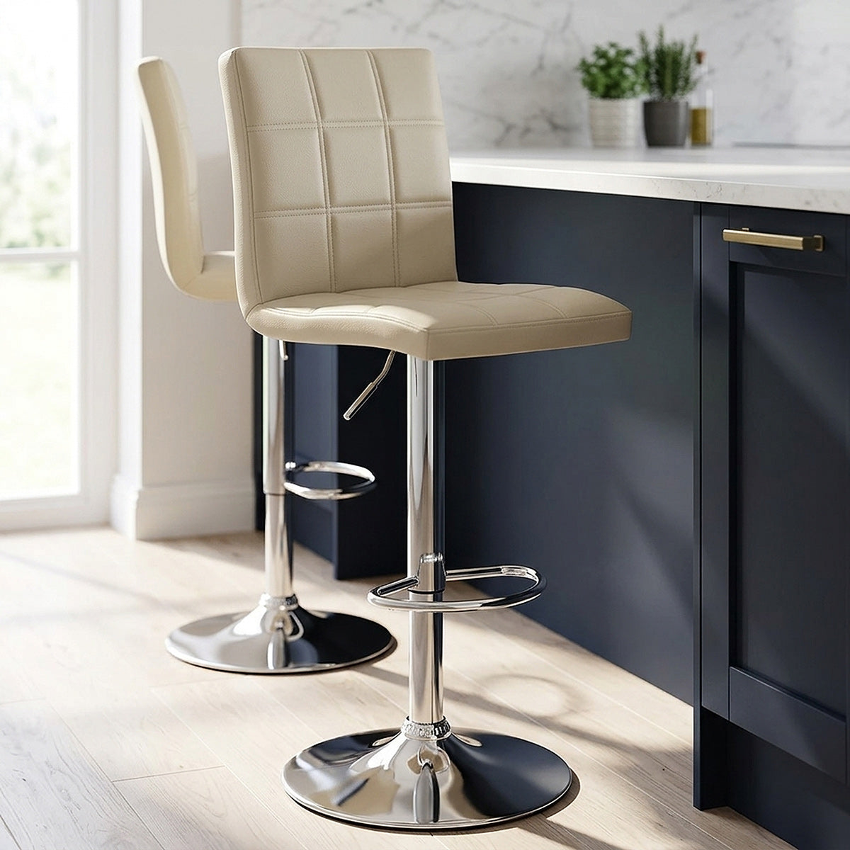 Chaise de Bar Faux Cuir Chrome - Criss Cross Crème 